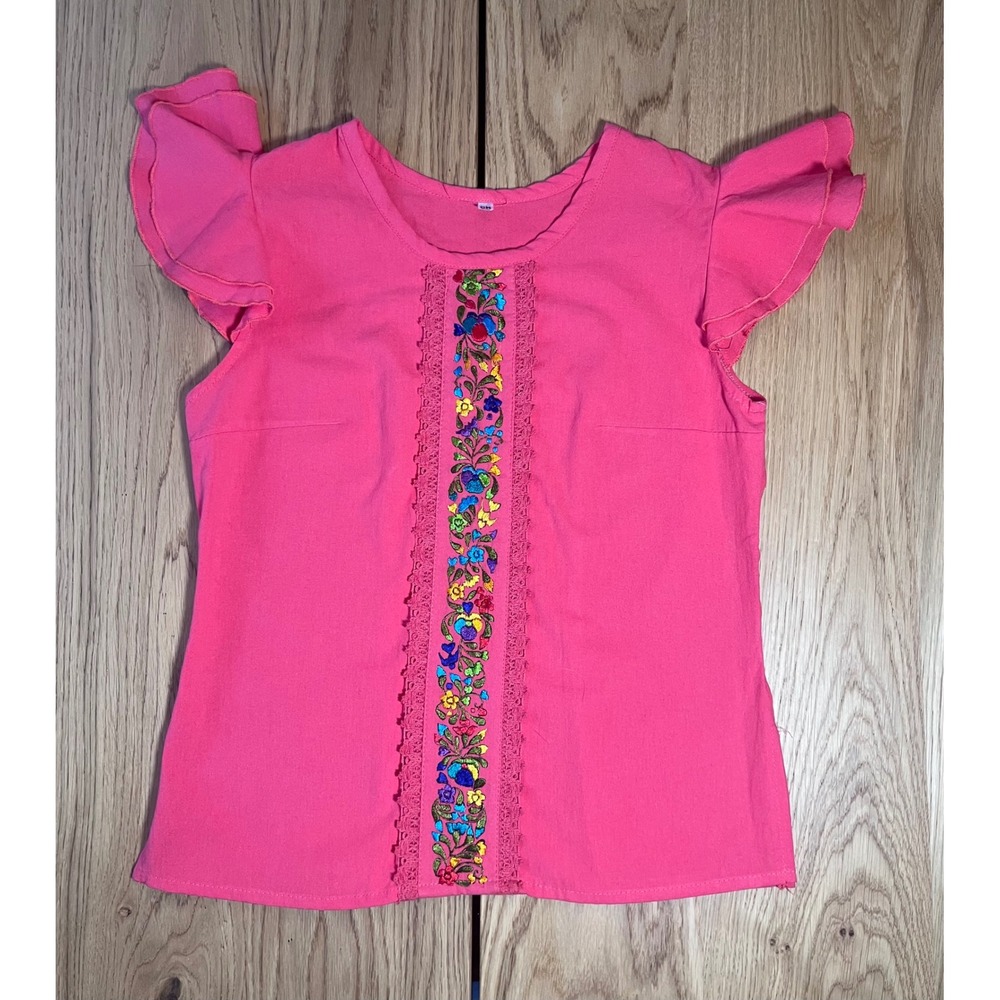 Cielito Lindo Embroidered Flutter Sleeve Top Womens Small Pink Boho Folk